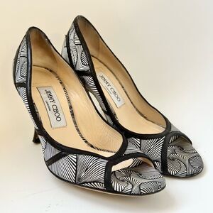 Jimmy Choo Printed Silk Nappa Peep Toe Art Deco Black Heels EU 36.5 MSRP $597